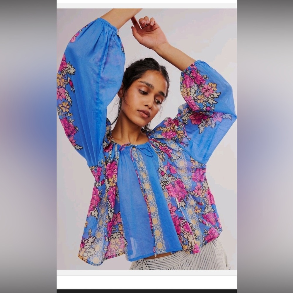 New Free People Bright Blue Floral Peasant Tunic Top with Pink Accents large